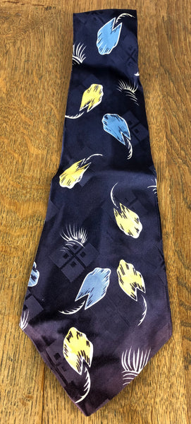 1940s Navy American Rayon Swing Tie with Blue & Yellow Abstract Leaf Print
