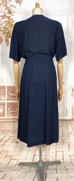 Stunning Original 1940s Volup Vintage Navy Blue Belted Dress With Illusion Bust