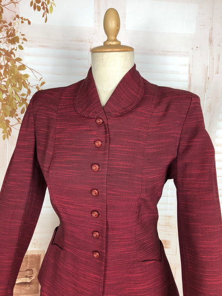 Stunning 1940s Striped Red Faille Suit By Lampl