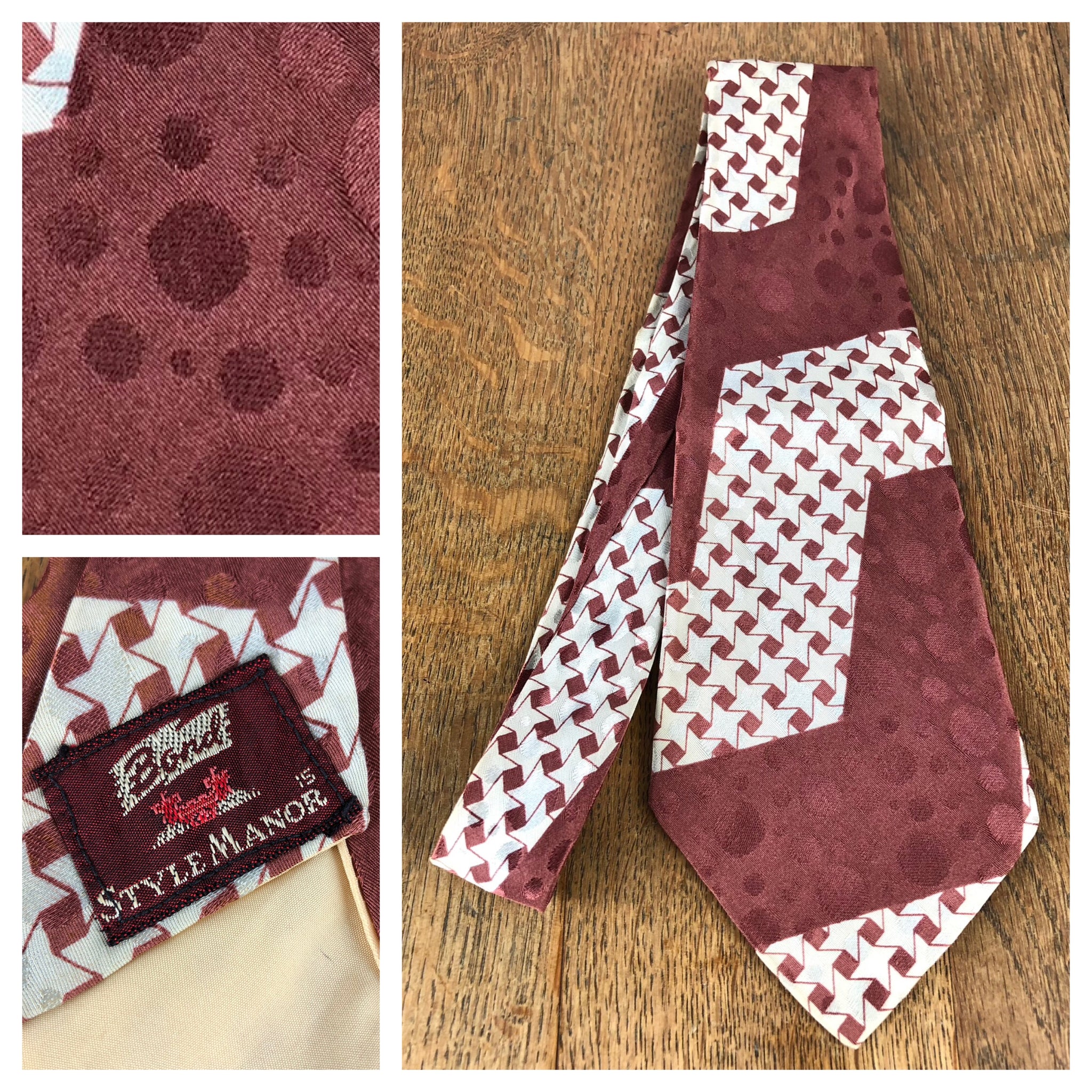 Original 1940s Burgundy And White Houndstooth American Rayon Swing Tie By Bond