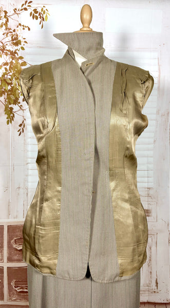 1940s Taupe Pinstripe Wool Skirt Suit – Spearpoint Collar Tailored Jacket