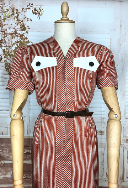 Amazing Original 1940s Volup Vintage Red And White Striped Day Dress By Happy Home Deadstock