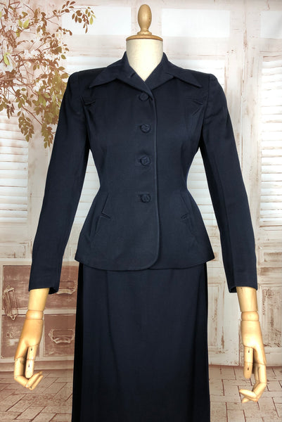 Wonderful Original 1940s Vintage Classic Navy Blue Skirt Suit With Pocket Details