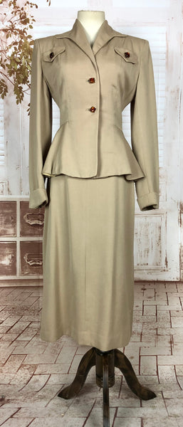 Fabulous Original 1940s Vintage Tan Beige Gabardine Peplum Skirt Suit