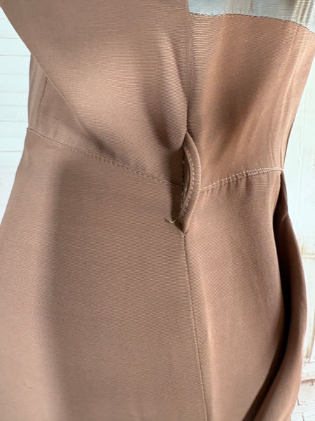 1940s Colour Block Day Dress in Mocha, Cream & Dusty Blue