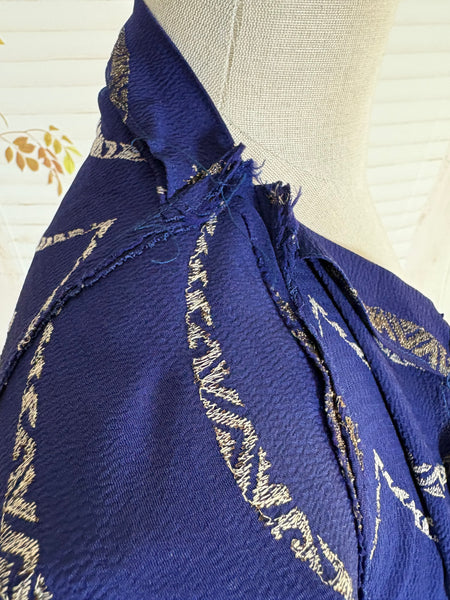 1930s Royal Blue Gold Lamé Chevron Coat | Statement Sleeve Antique Evening Coat