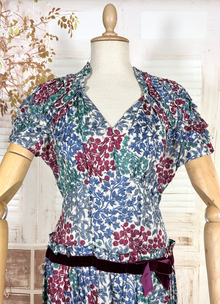 Late 1930s / Early 1940s Tiered Floral Day Dress with Velvet Trim