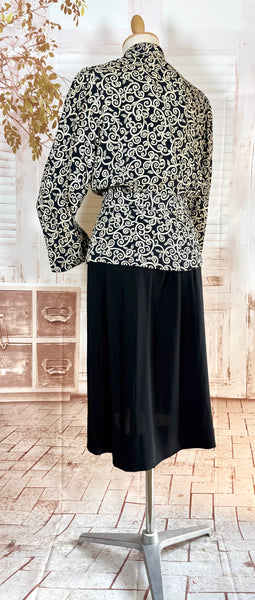1940s Dress Suit – Scroll Print Jacket with Red Shoulder Stripe Dress