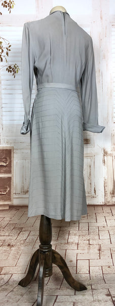 Wonderful Original 1940s Vintage Grey Crepe Dress With Chevron Pin Tuck Details
