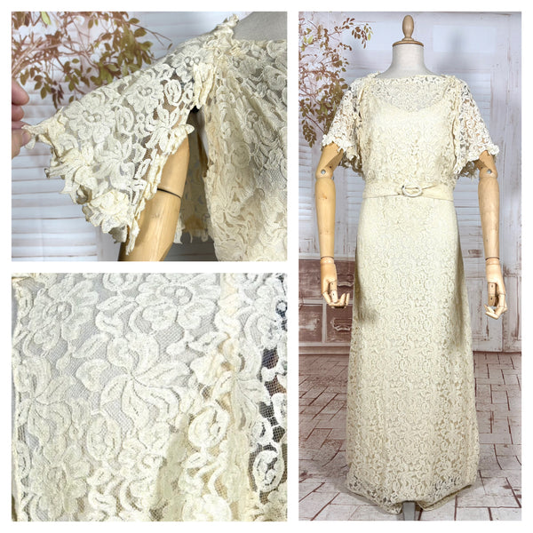 Stunning Late 1930s / Early 1940s Cream Lace Evening Gown