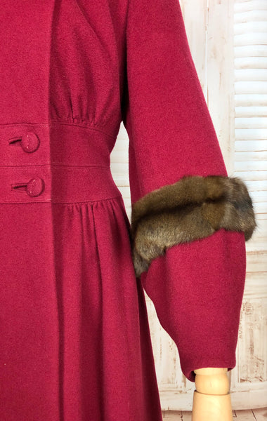 Exceptional Original Early 1940s Vintage Red Fit And Flare Princess Coat With Bishop Sleeves