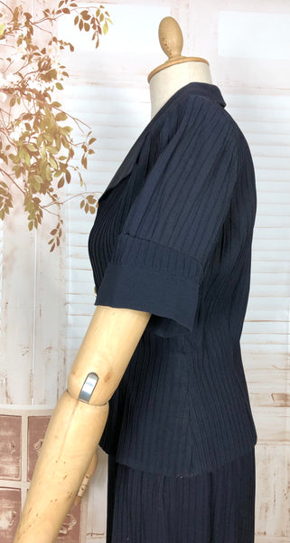 Exquisite Original 1940s Vintage Navy Blue Crepe Skirt Suit With Pin Tucks