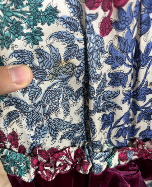 Late 1930s / Early 1940s Tiered Floral Day Dress with Velvet Trim