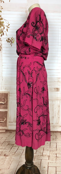 Incredible Original 1940s Vintage Fuchsia Pink Femme Fatale Dress With Black Embroidery And Sequins