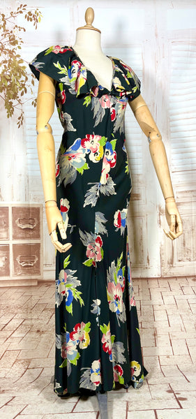 Rare 1930s Black Floral Silk Evening Dress with Ruffled Collar