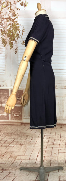 Fabulous Navy 1930s Dress With Puff Sleeves And Rouleau Trim