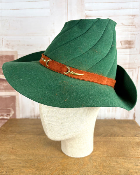 Super Rare Forest Green 1940s Fedora Hat With Red Suede Band