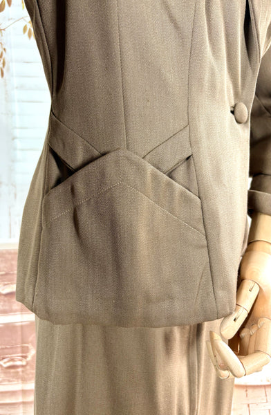 1940s Brown Gabardine Skirt Suit With Pocket Details
