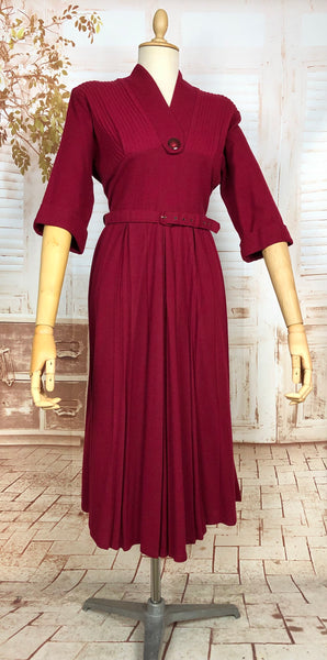 Beautiful Belted Red Late 1940s / Early 1950s Volup Dress With Pin Tuck Details