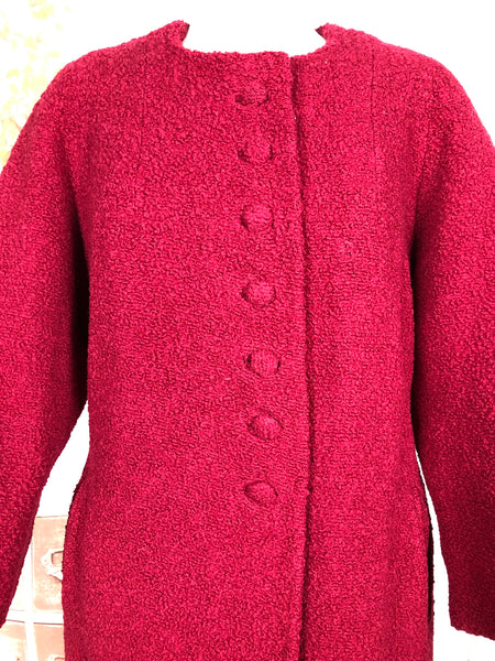 Fabulous Late 1940s / Early 1950s Red Collarless Boucle Coat