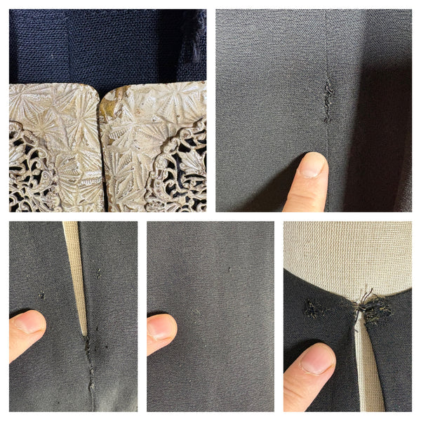 Exquisite 1930s Black Crepe Dress And Redingote Coat With Gold Filigree Buckle