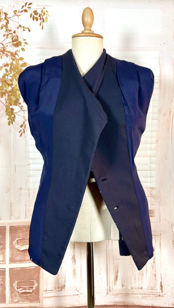 1940s Navy Wool Tailored Jacket – Woven Cream Rope Pattern, Shawl Collar