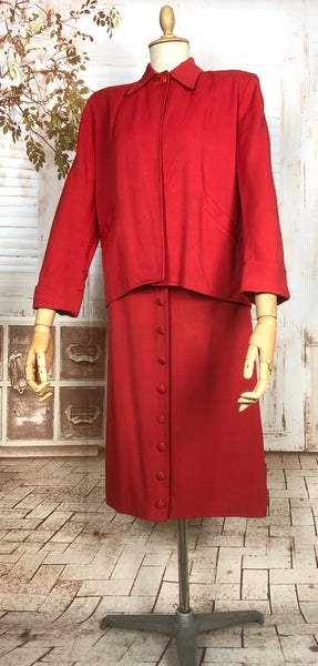 Exceptional Original 1940s Vintage Lipstick Red Swing Suit With Button Details