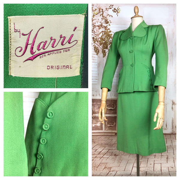 Stunning Apple Green Gabardine 1940s Suit With Button Details