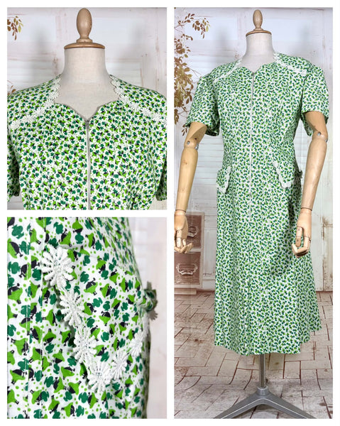 1940s Apple Green Floral Cotton Day Dress | Volup Zip Front House Dress