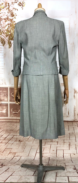 Stunning Grey 1940s Vintage Herringbone Skirt Suit With Statement Pockets By Cay Artley