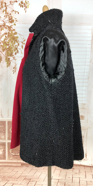 1940s Red Wool Swing Coat by Worth of Boston with Astrakhan Lining