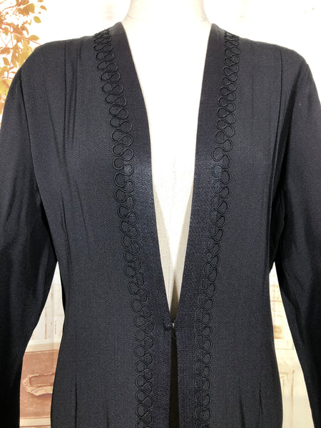 Classic Lightweight 1930s Black Crepe Coat With Soutache Trim