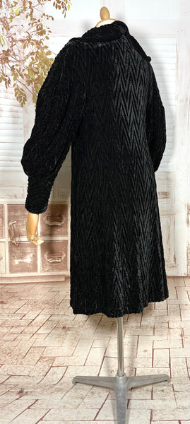 Exceptional 1920s / Early 1930s Black Textured Velvet Coat with Silk Lining and Bishop Sleeves