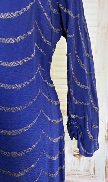 1930s Royal Blue Gold Lamé Chevron Coat | Statement Sleeve Antique Evening Coat