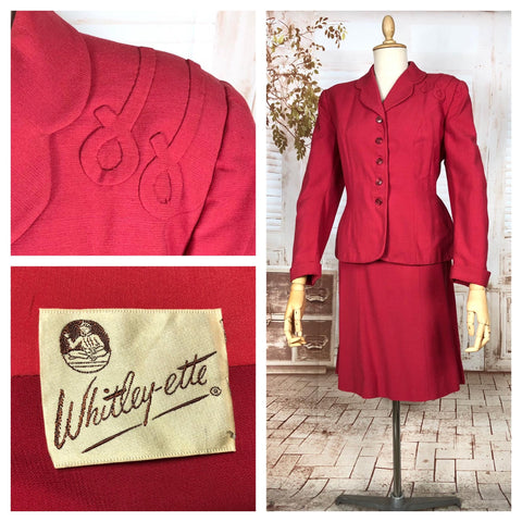 Rare Original 1940s Volup Vintage Cherry Red Gabardine Skirt Suit