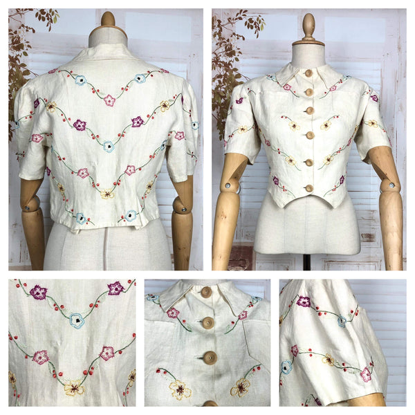 Incredible Original 1930s Vintage Embroidered Linen Folk Blouse With Puff Sleeves