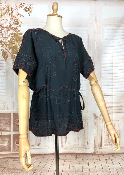 Exceptionally Rare Original 1920s Volup Navy Blue Flapper Blouse With Red Beading By French Couturier Adair House Of France