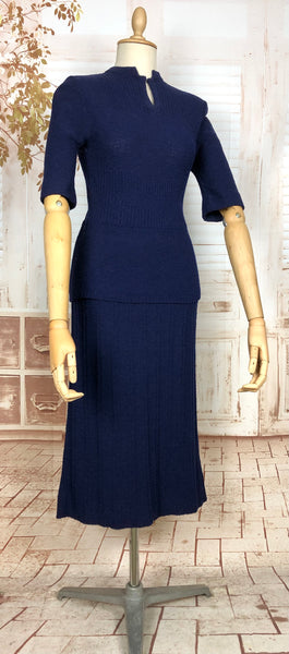 Cozy 1940s Royal Blue Knit Set with Geometric Detailing