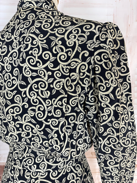 1940s Dress Suit – Scroll Print Jacket with Red Shoulder Stripe Dress