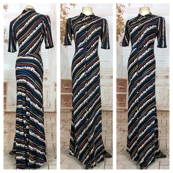 Exceptional Original 1930s Vintage Striped Silk Puff Sleeve Evening Gown With Button Details