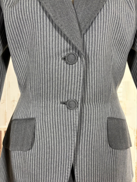 Sharply Tailored 1940s Grey Pinstripe Skirt Suit with Contrast Lapels