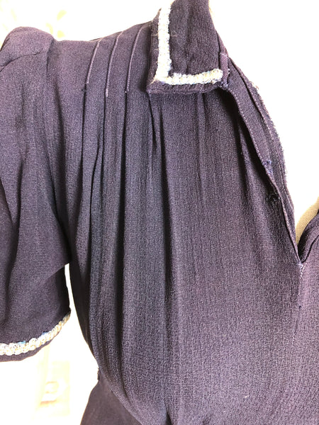 Fabulous Navy 1930s Dress With Puff Sleeves And Rouleau Trim