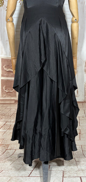 Exquisite Black Late 1920s / Early 1930s Silk Satin Evening Dress With Ruffle Details
