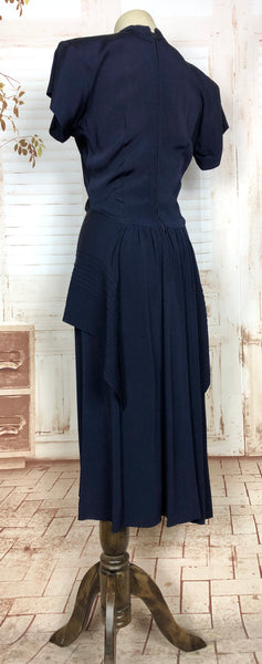 Amazing Original 1940s Vintage Navy Blue Peplum Dress With Incredible Pin Tuck Details