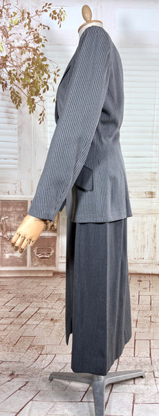 Sharply Tailored 1940s Grey Pinstripe Skirt Suit with Contrast Lapels