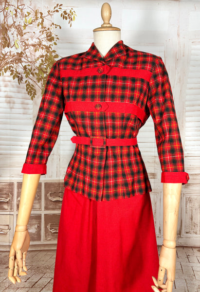 Fabulous 1940s Red And Black Plaid Skirt Suit
