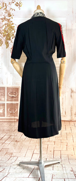 1940s Dress Suit – Scroll Print Jacket with Red Shoulder Stripe Dress