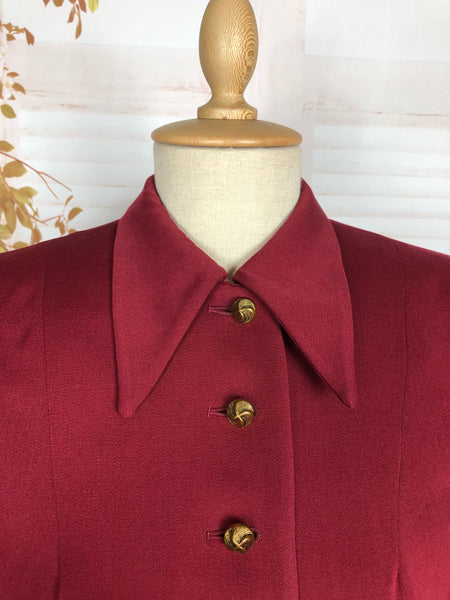 Exceptional 1940s Burgundy Red Gabardine Belted Skirt Suit By Gilbert Original