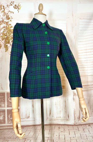Green and Blue Tartan Plaid 1940s Blazer
