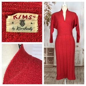 Stunning Late 1940s Vintage Lipstick Red Knit Dress By Kims By Kimberly